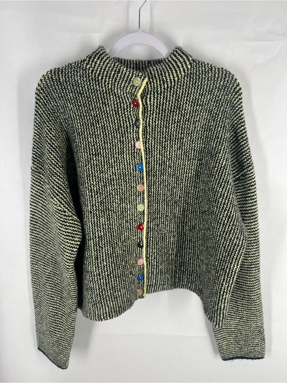 Olive Striped Cardigan with Colorful Buttons - Picture 2 of 13